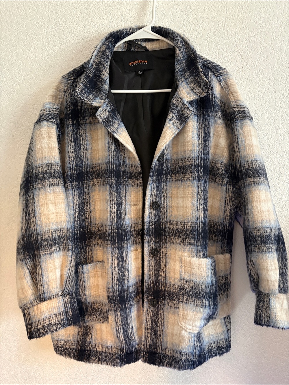 Ambiance Plaid Pea Coat in Navy and Cream